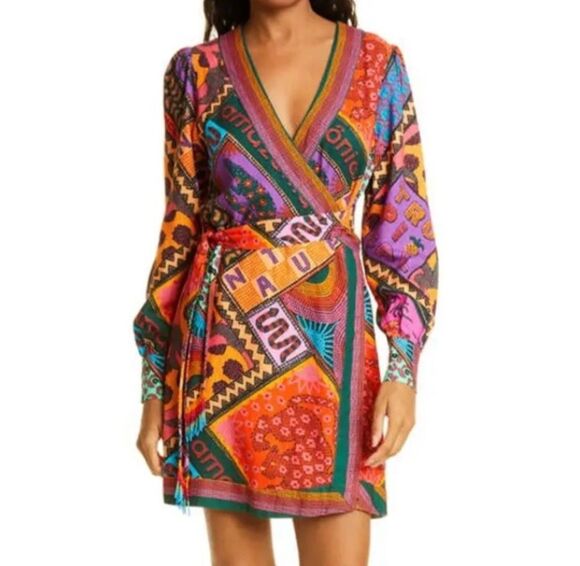 FARM Rio Dresses & Skirts - Farm Rio Dotted Patch Scarf Mini Wrap Dress S Orange Multi Boho Tassel New